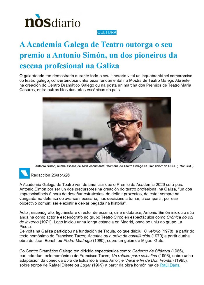 Premio Academia Galega de Teatro 2026 a Antonio Simón. Nova en NÒS Diario