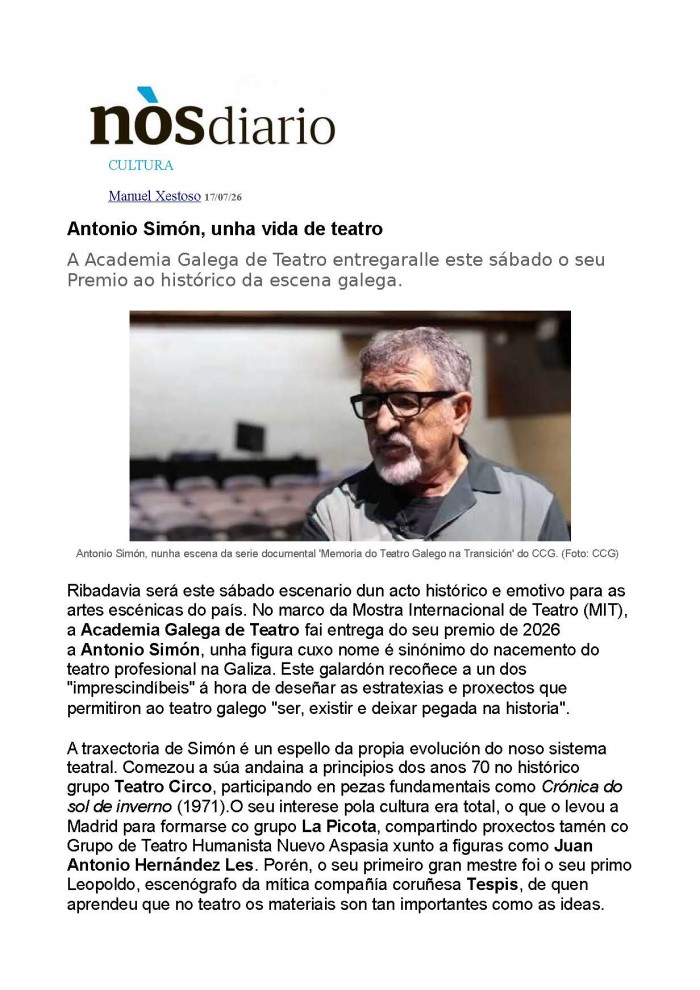 Antonio Simón, unha vida de Teatro. Nova no Nós Diario 17-7-2026 Páx. 1