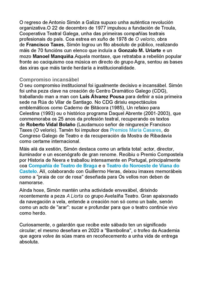 Antonio Simón, unha vida de Teatro. Nova no Nós Diario 17-7-2026 Páx. 2