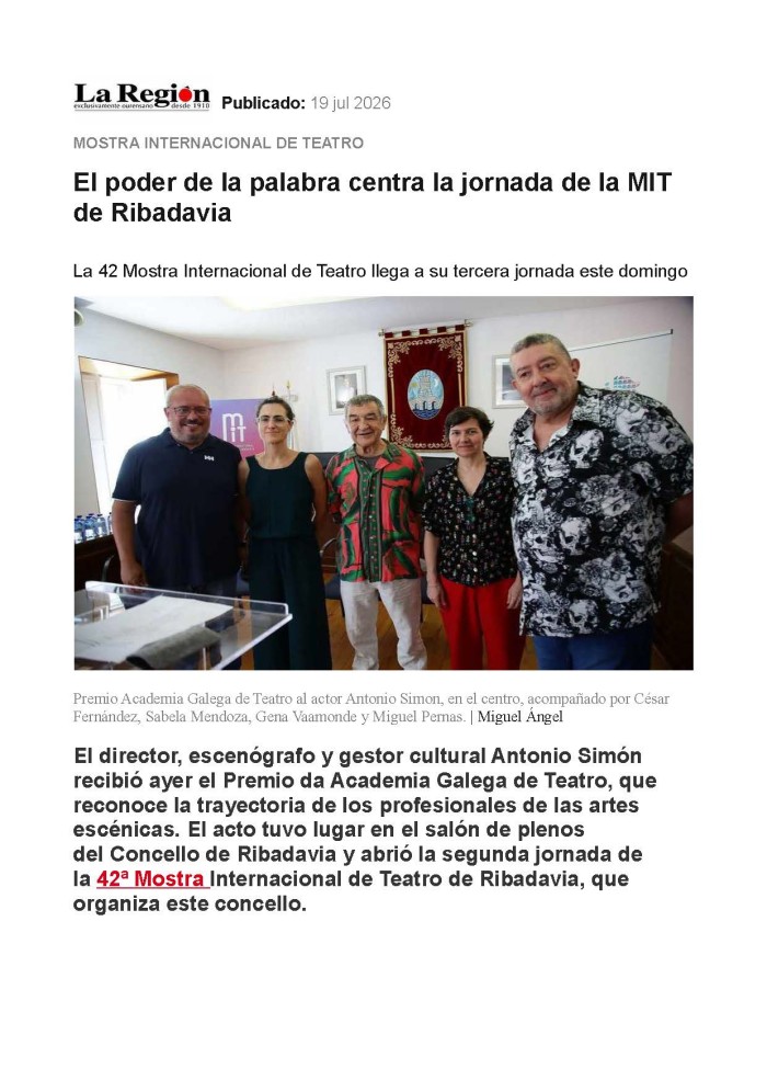 Entrega do Premio da Academia Galega de Teatro 2026 a Antonio Simón. Nova en La Región 19-7-2026
