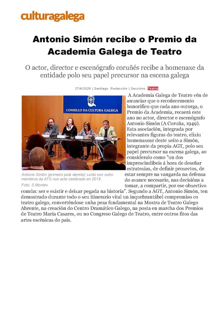 Premio da Academia Galega de Teatro 2026. Nova en Cultura Galega 27-4-2026